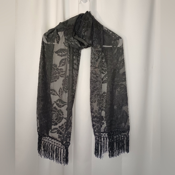 Cejon Whimsigoth Dark Floral Sheer Scarf Wrap Black Fringe Romantic Fairy Grunge - Picture 1 of 7